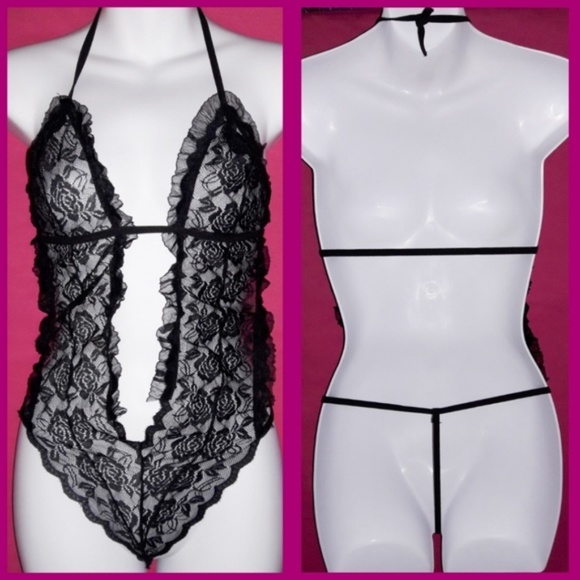 Black Ruffle Rose Lace Bodysuit XS - Picture 2 of 6
